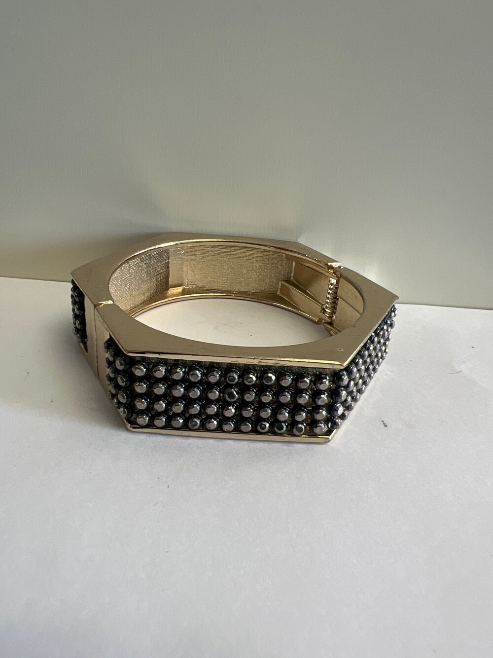 Gold Tone Hinged Bangle Bracelet Black Rhinestone Octagonal